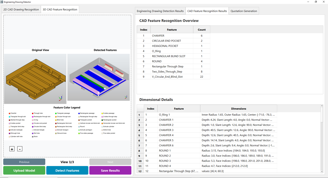 Feature recognition interface and dimensional details